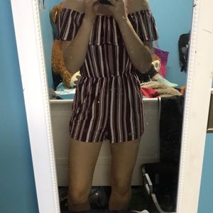 A red and white striped off the shoulder romper